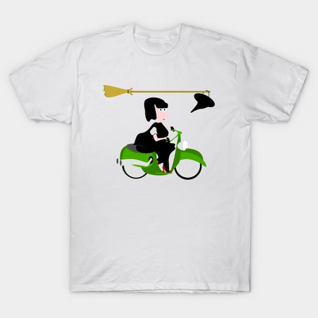 Witch Riding a Green Motor Scooter T-Shirt by mailboxdisco